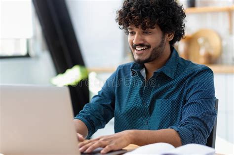 Man Freelancer Using Laptop Computer Typing Working Online Coworking Or