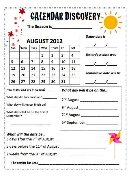Math Calendar Worksheet
