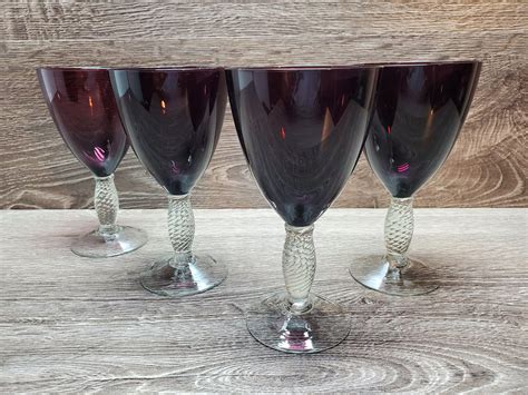 Set Of 4 Vintage Amethyst Goblets Twisted Stem Crystal Stemware Easter Barware Purple Wine