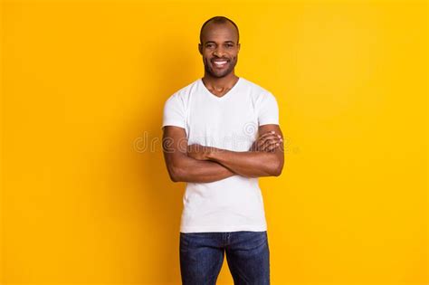 Photo Of Cheerful Dark Skin Guy Good Mood Hold Arms Crossed Self