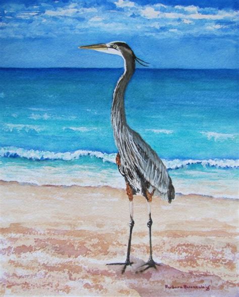 Blue Heron Beach Bird Art Print Painting Of By Barbararosenzweig