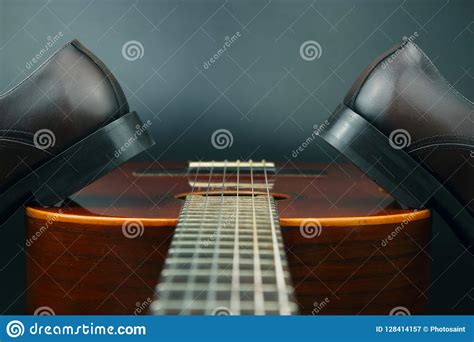 Brown Classic Men S Shoes On Classical Guitar Background Stock Image