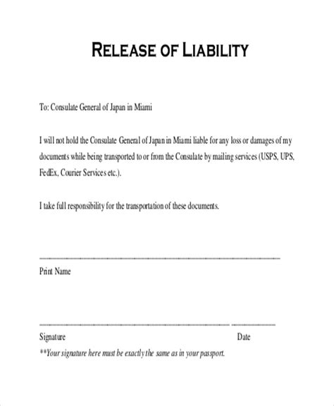 Liability Release Form Template Business
