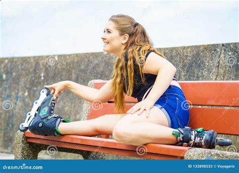 Smiling Girl With Roller Skates Outdoor Stock Image Image Of Seaside