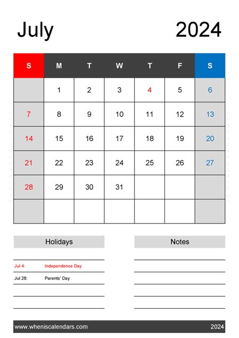 Print July 2024 Calendar Template Monthly Calendar