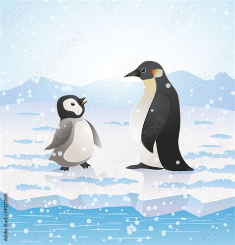 Two Penguins On Snowing Antarctic Landscape Cartoon Drawing Stock
