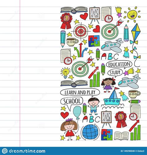 Vector Set Of Learning English Language Children S Drawing Icons In