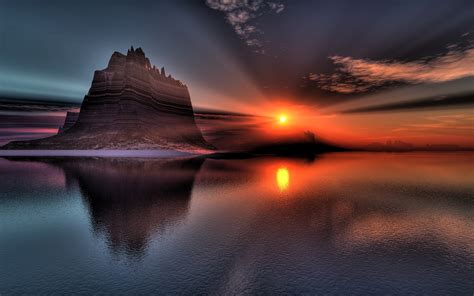 Beautiful Scenery Sunset Lake Rock Hill Reflection Wallpaper