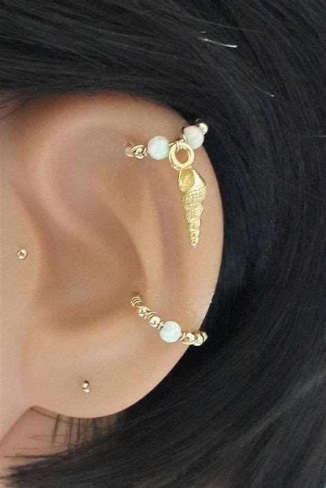 Gold Sea Shell Cartilage Hoop Earring White Opal Helix Hoop Upper Ear