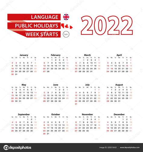 Kalender 2022 Engelsk Med Helligdage Canada 2022 Stock Vector By ©boldg