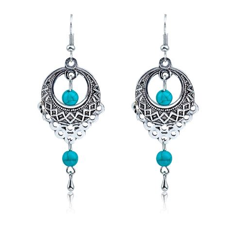 Ethnic Bohemia Drop Earrings For Women Silver Color Blue Beads Earring