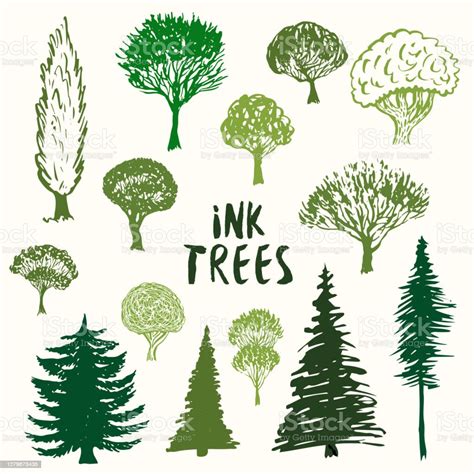 Green Trees Silhouette Vector Collection Hand Drawn Sketches Isolated