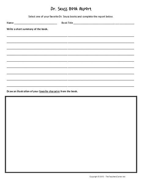 Dr Seuss Book Report Character Worksheet For 3rd 6th