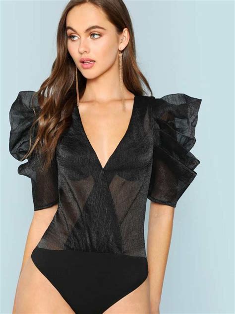 Shein Puff Sleeve Ruched Surplice Wrap Bodysuit Lace Bralette Outfit Fashion Bodysuit