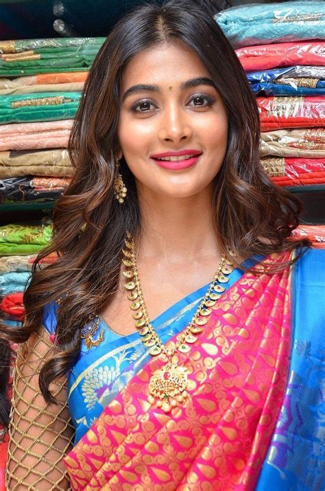 Pooja Hegde Photos In Red Pattu Saree Launches Anutex Shopping Mall
