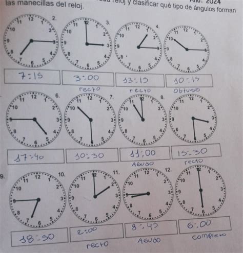 clasificar qué tipo de ángulos forman las manecillas del reloj