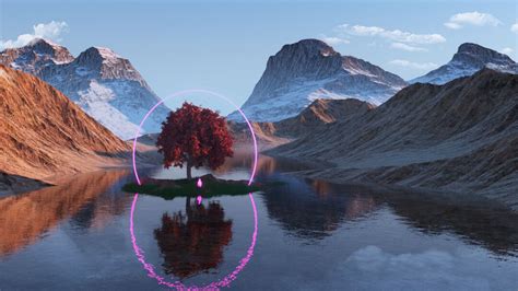 Download Wallpaper 1920x1080 Tree Lake Mountains Ring Neon Reflection Full Hd Hdtv Fhd