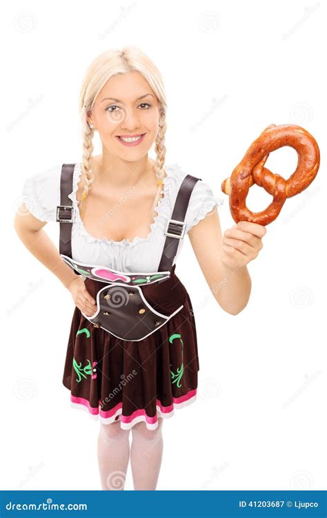 Woman In Bavarian Costume Holding A Pretzel Stock Image Image Of Hold