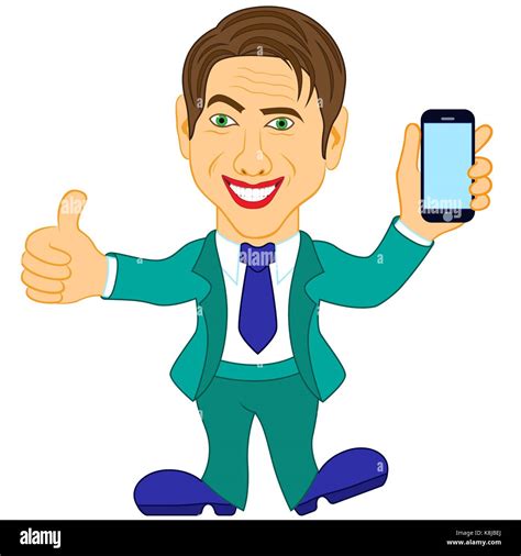 Smiling Mature Men In Turquoise Suit Holds And Presented A New Smartphone Conceptual Cartoon