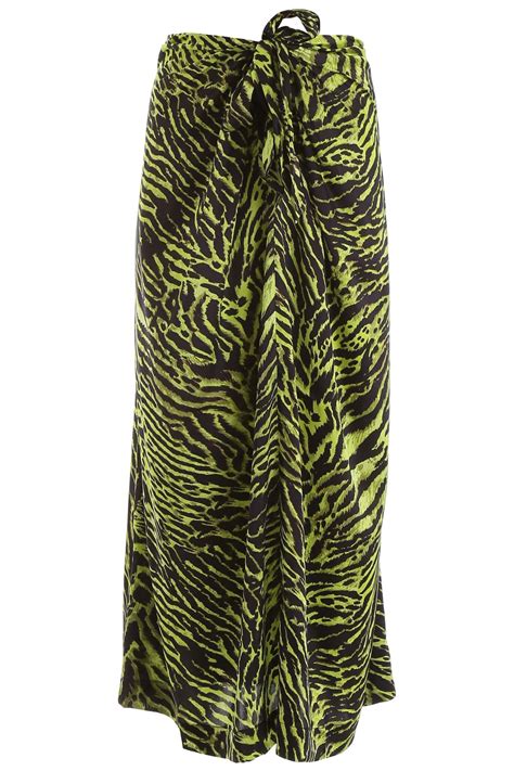Ganni Tie Front Tiger Print Silk Blend Satin Midi Skirt In