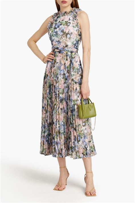 Badgley Mischka Pleated Floral Print Chiffon Midi Dress Sale Up To 70 Off The Outnet