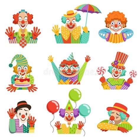 Funny Cartoon Friendly Clowns Character Colorful Vector Illustrations