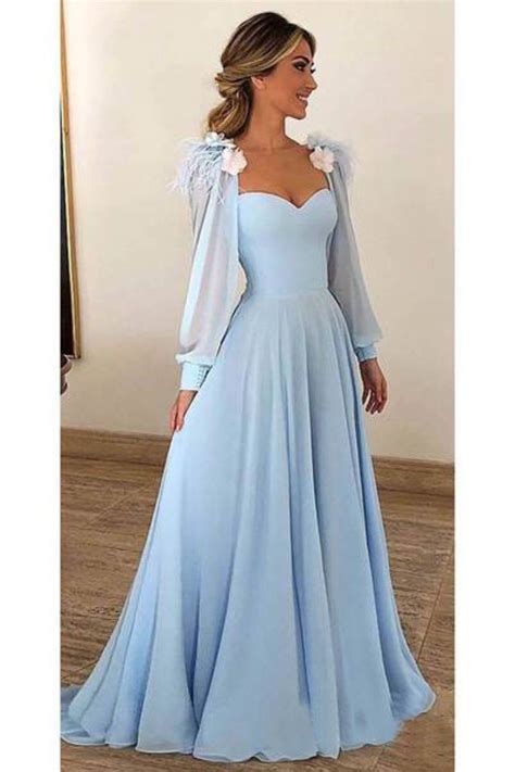Sky Blue Long Chiffon Prom Dresses With Sleeves Modest Formal Dress