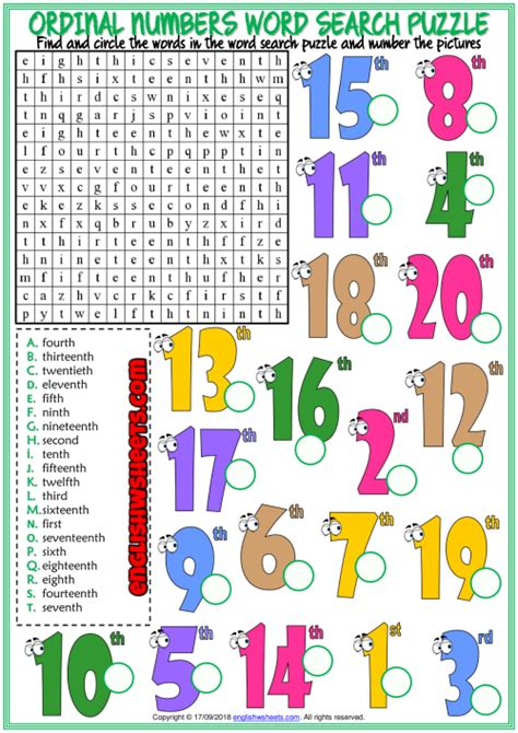 Ordinal Numbers Esl Printable Word Search Puzzle Worksheet E17