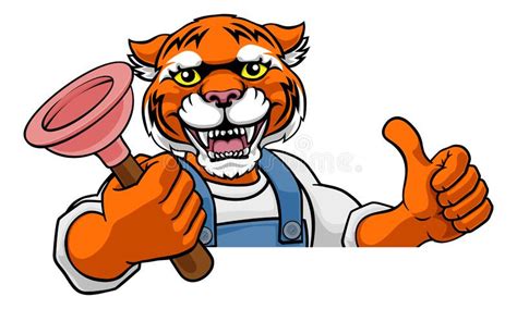 Mascota De Dibujos Animados De Plomo De Tigre Sostiene El émbolo
