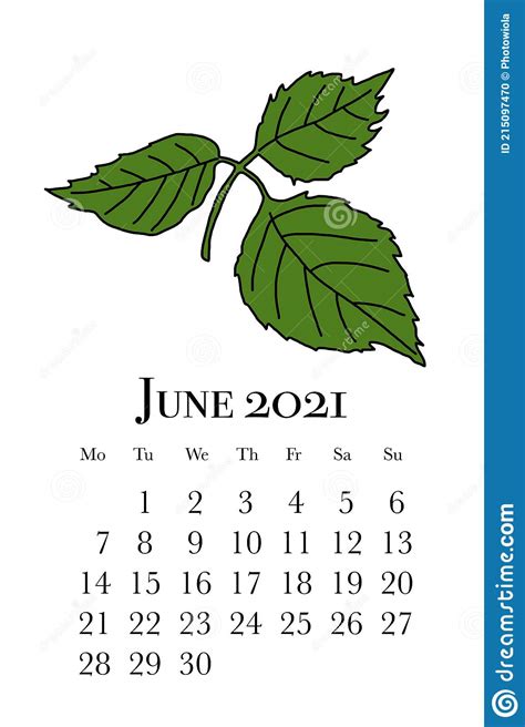 Printable June 2021 Calendar Card Botanical Pattern Stock Vector