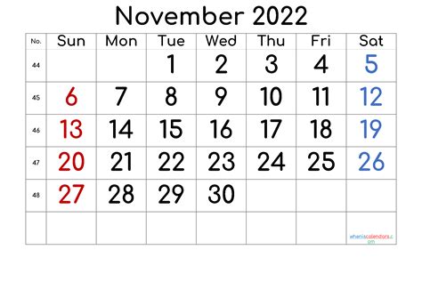 November 2022 Printable Calendar With Week Numbers Free Premium