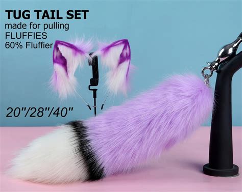 light purple tug tail plug and ear set fluffy fox tail butt etsy