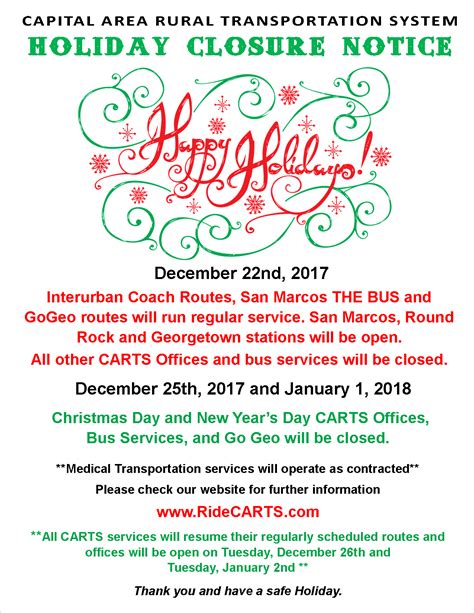 Holiday Closure Notice Capital Area Rural Transportation System