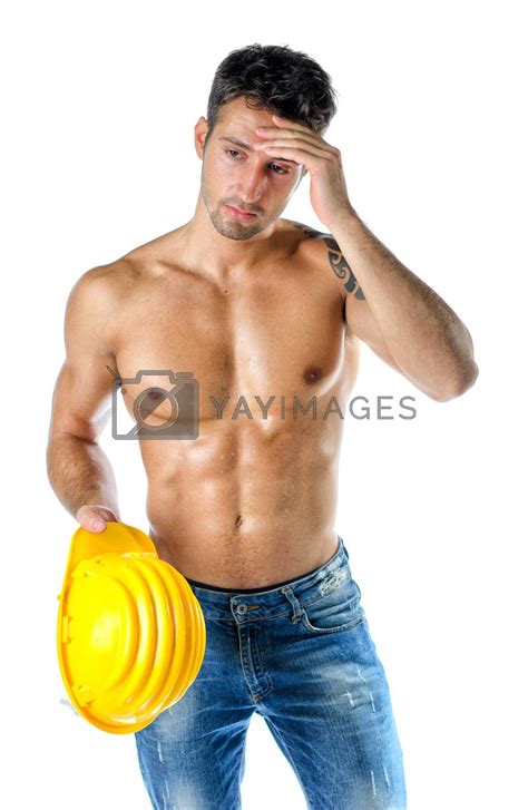 Handsome Muscular Construction Worker Shirtless On White By Artofphoto