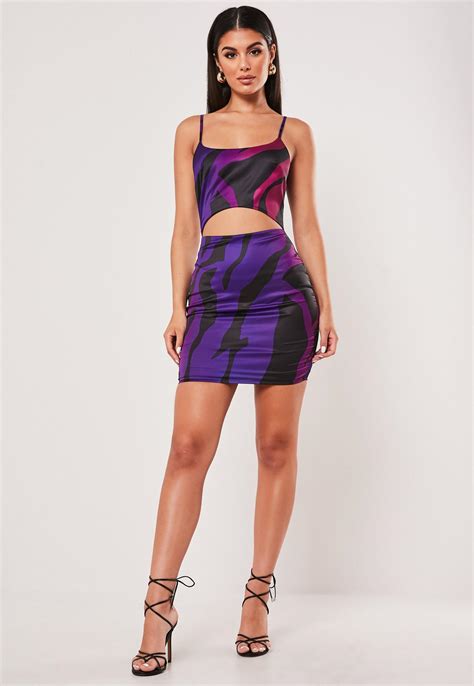 Purple Zebra Stretch Satin Cut Out Bodycon Mini Dress