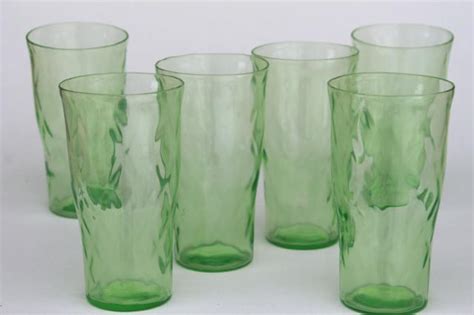 Antique drinking glasses for household, bar, and restaurant usage. vintage green depression glass tumblers, hex optic ...