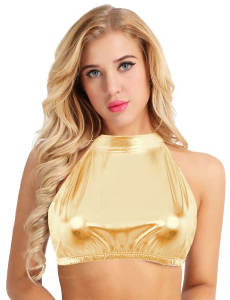 Women S Sexy Open Bust Bra Crop Tank Tops Halter Wet Look Cupless Bustier Vest Ebay