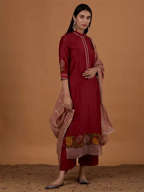 Buy Red Embroidered Chanderi Silk Suit With Peach Gota Cotton Mulmul