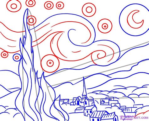 It's a crazy story behind the starry night painting van gogh they committed him into a mental hospital because over his ear incident with a friend gauguin and that the landscape in the painting is the view from his window. how to draw starry night step 5 | Van gogh art, Starry ...