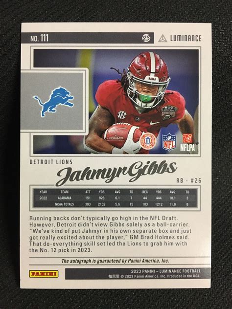 Jahmyr Gibbs RC Autograph 2023 Panini Luminance Rookie Auto /125 Lions