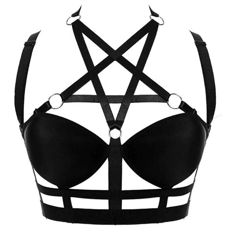pentagram harness body cage bra for women black elastic adjust strappy