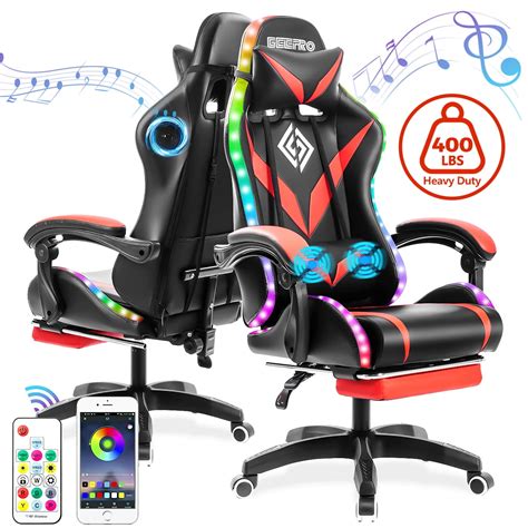 Geepro Massage Gaming Chair With Bluetooth Speaker And Rgb Led Lights Ergonomic Video Game