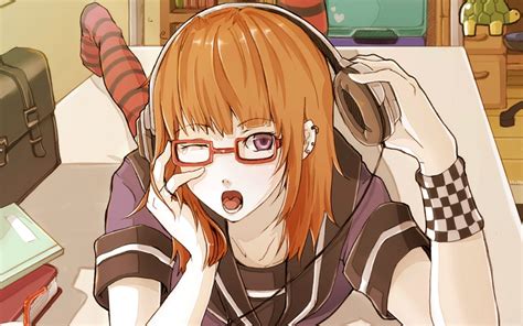 Anime Girls Headphones Glasses Original Characters Orange Hair Hot Sex Picture