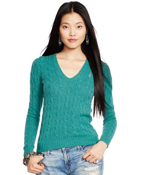 Polo Ralph Lauren Cable Knit V Neck Sweater In Green Lyst