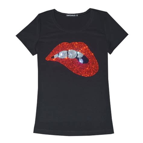 High Quality Women T Shirts Sexy Red Lip Bling Bling Crystal Pint Top