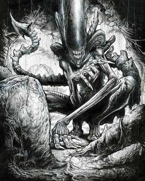 A Black And White Drawing Of An Alien Attacking Another Creature