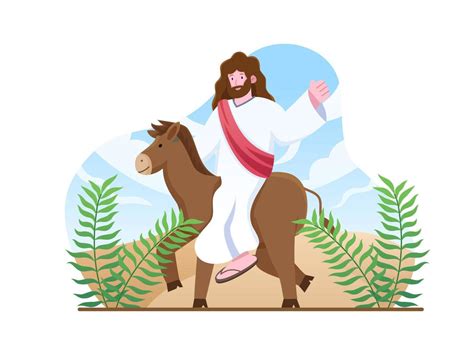 Palm Sunday Illustration Jesus Entering Jerusalem With A Donkey And