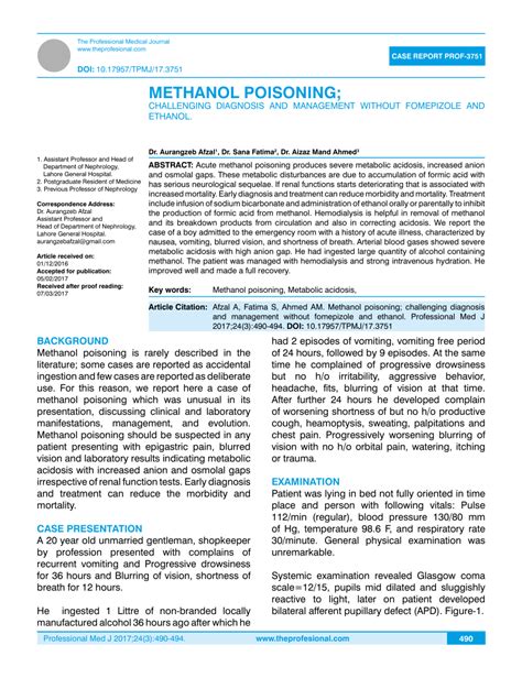 pdf methanol poisoning challenging diagnosis and management without