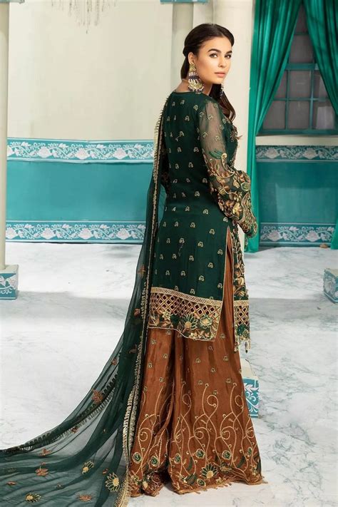 Shop Latest Pakistani Emerald Green Dress In Chiffon Nameera By Farooq