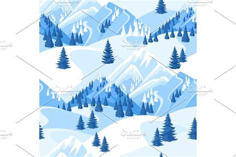 Winter Seamless Pattern Beautiful Landscape With Snowy Mountains And